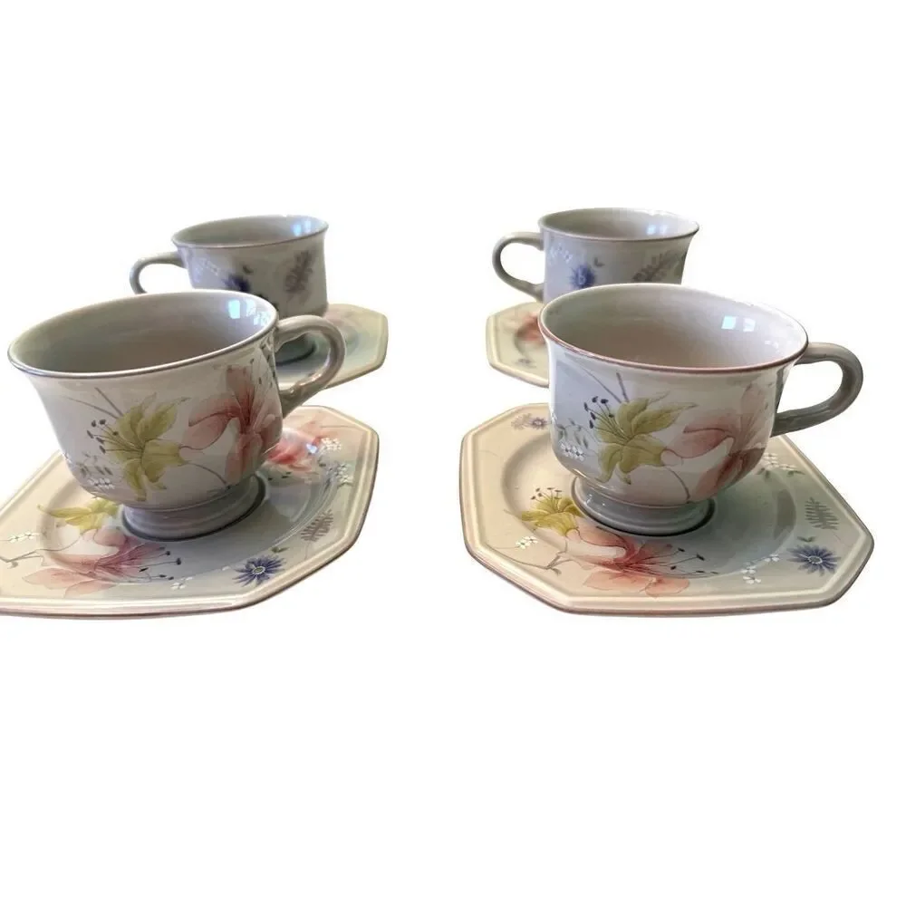 Mikasa Continental Janette Footed Cups and Saucers Lot of 4 Vintage Multi-Floral